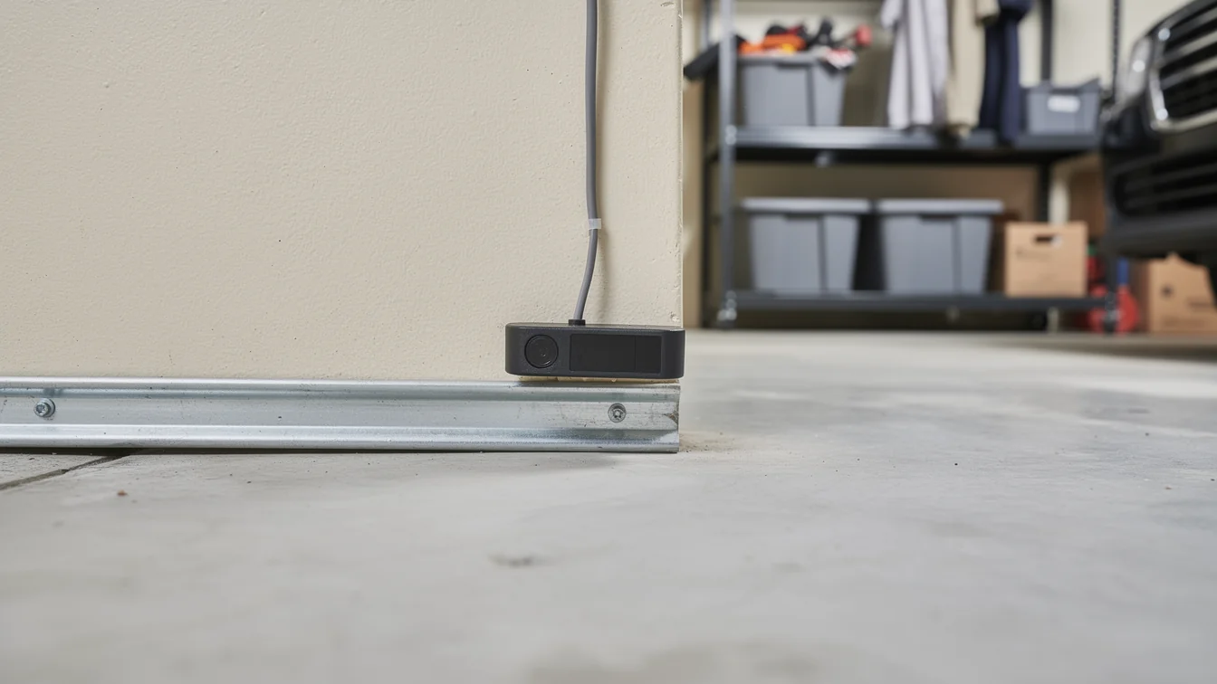 A safety sensor is mounted on the wall above a garage door track.