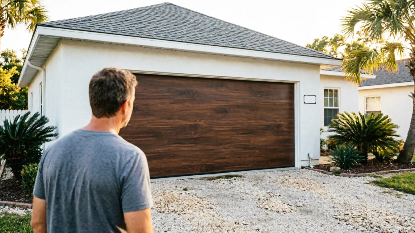 A man in a gray shirt looks at a closed brown wooden garage door.