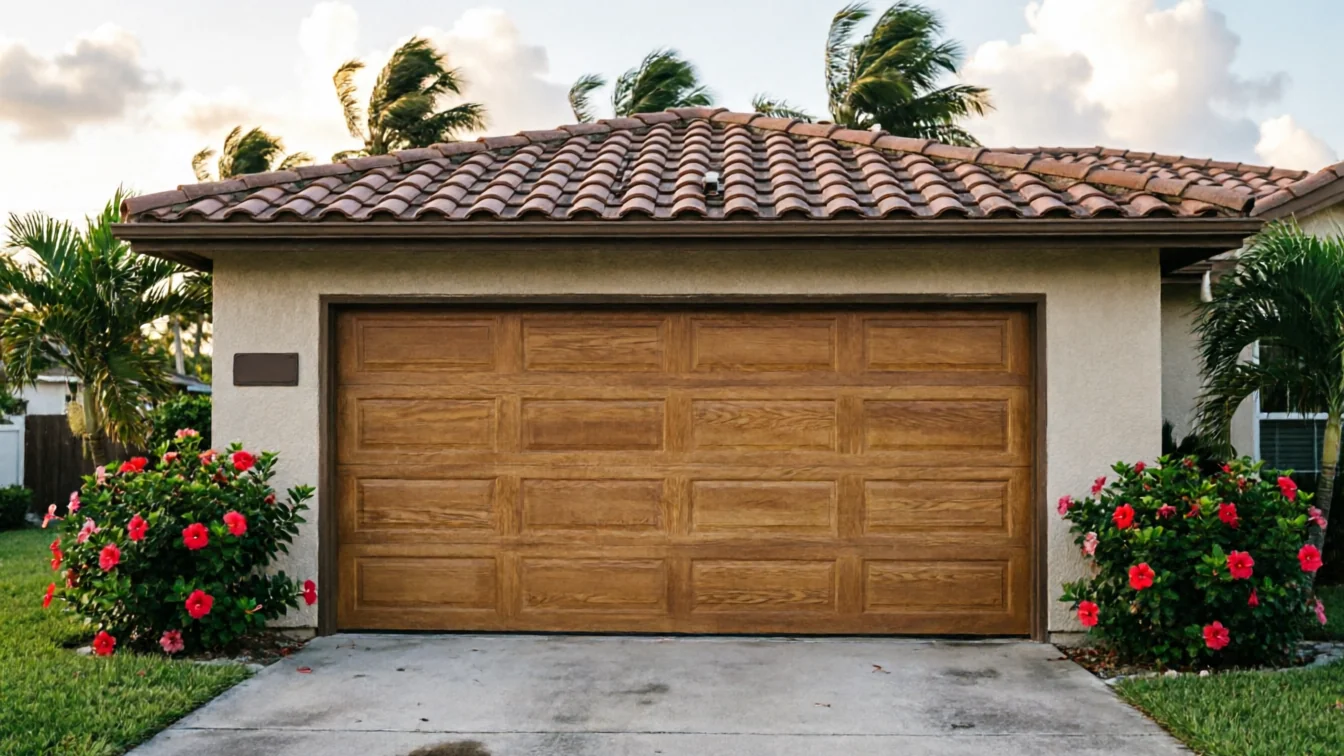 A brown wooden garage door on a house with a tiled roof and palm trees.