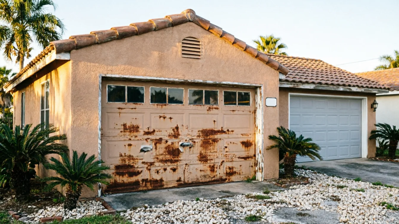 A rusty brown garage door with windows and a gray garage door on a stucco house.