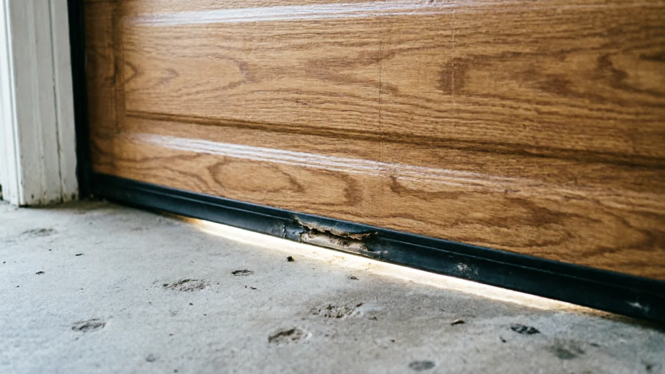 The bottom of a wood-look garage door has a damaged weather seal.