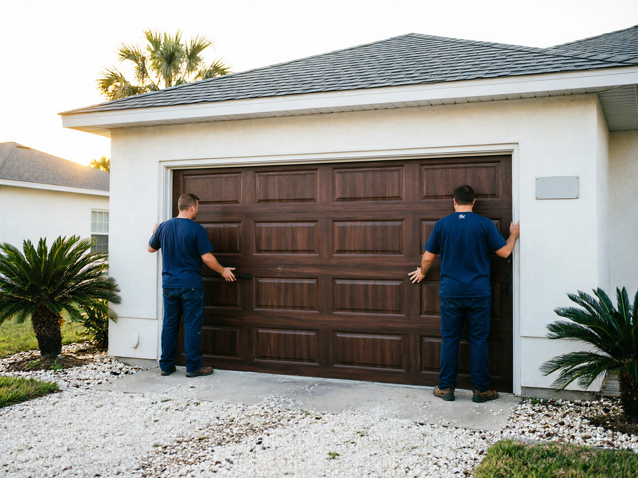 Two technicians install a brown garage door on a white house.