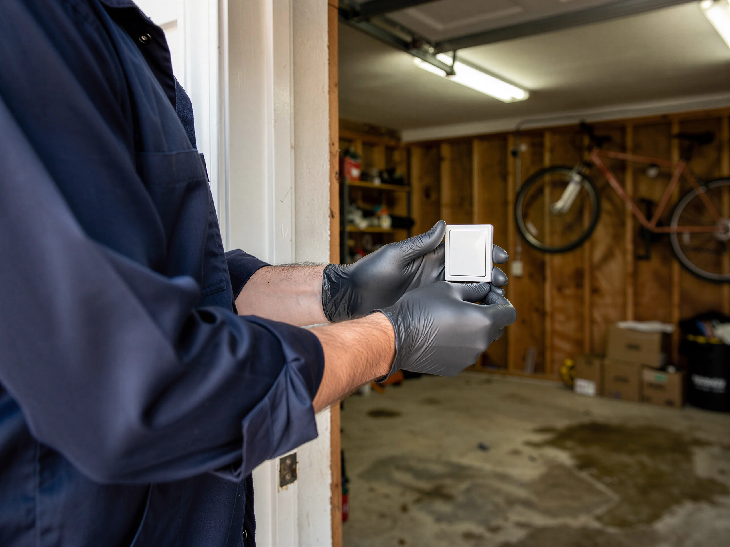 A technician in black gloves holds a white garage door opener button.