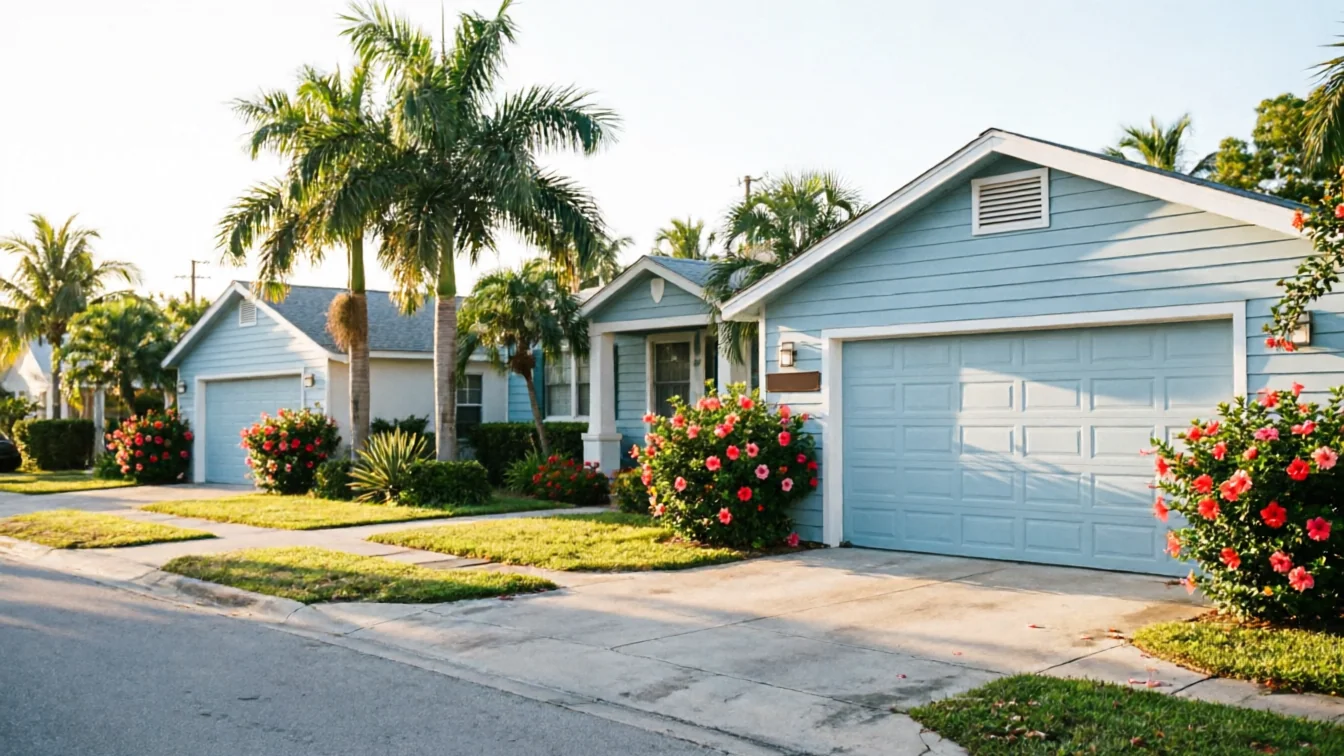 A light blue garage door on a light blue house with palm trees and bushes.